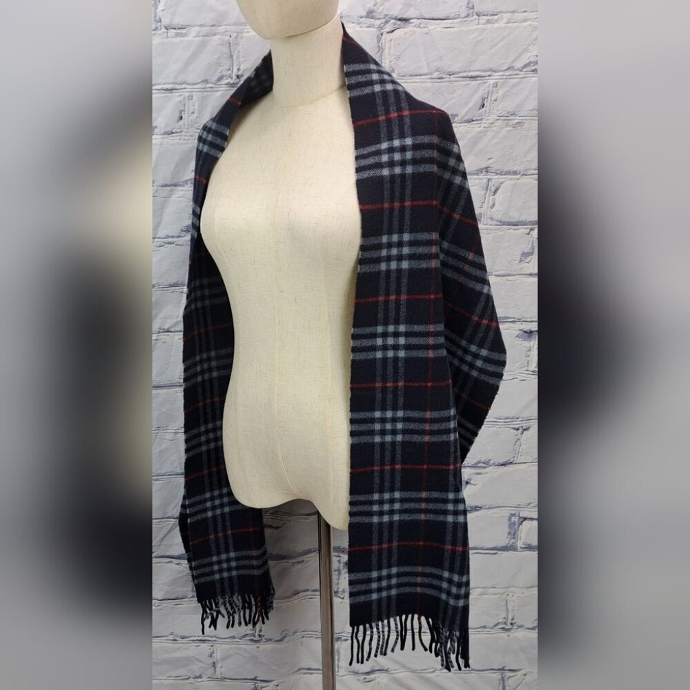 Burberry Vintage Scarf Nova Check 100% Cashmere Wool Scotland Navy Y2K 72" x 12"